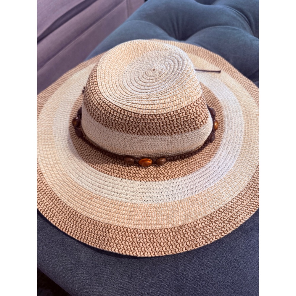 Magid Hats Womens Striped Paper Straw Wide Brim Sun Hat Beaded Boho Beige Tan